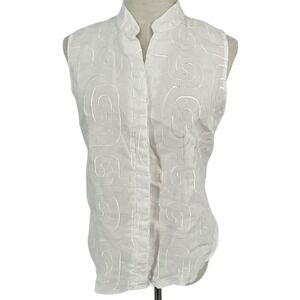 Susan Bristol White Linen Blend Mandarin Collar Sleeveless Blouse Shirt Womens M